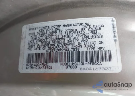 2000 Toyota Sienna Le/Xle z USA, uszkodzony, nr VIN 4T3ZF13C5YU317538